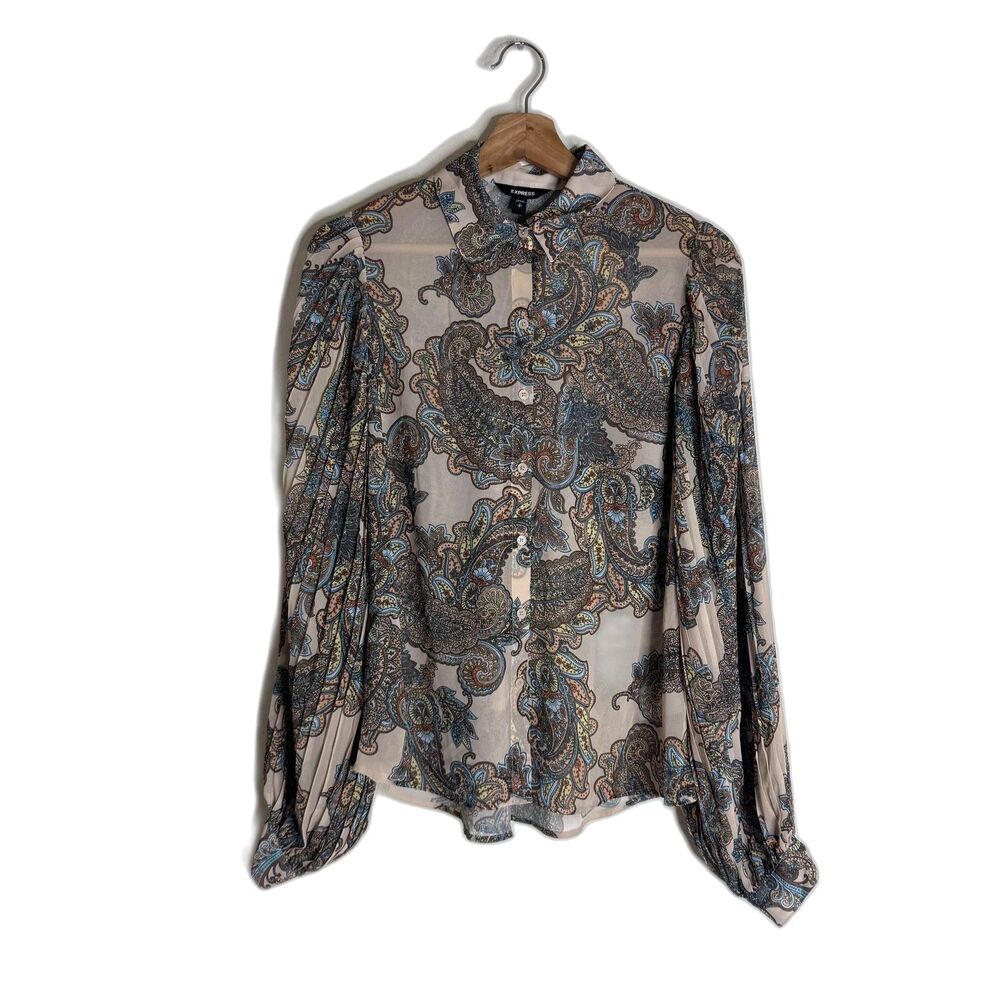 Express Shirt Womens Small Paisley Beige Blue Sheer Long‎ Sleeve Lightweight Top